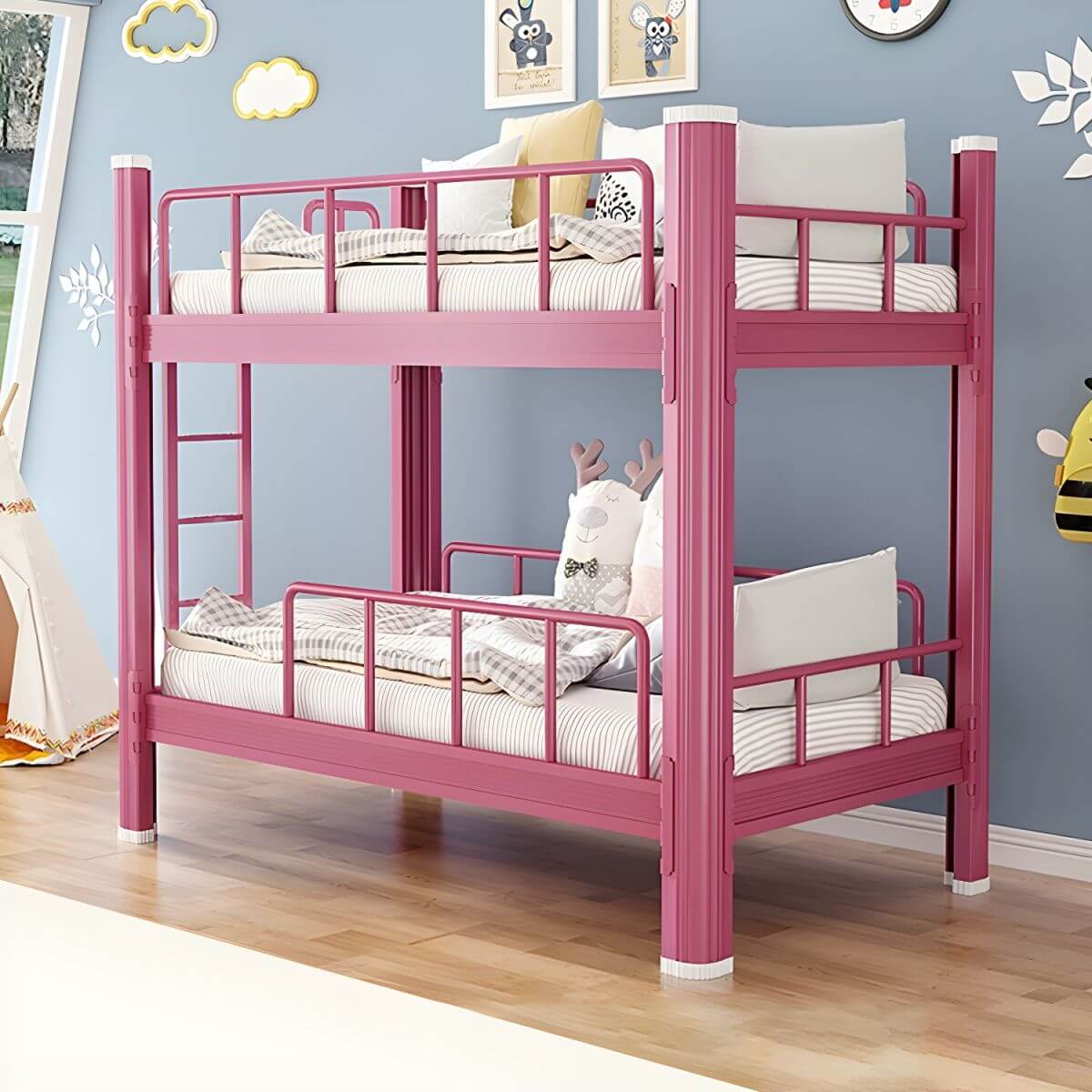 Modern Metal Pink Kids Bunk Bed with Ladder and Guardrails