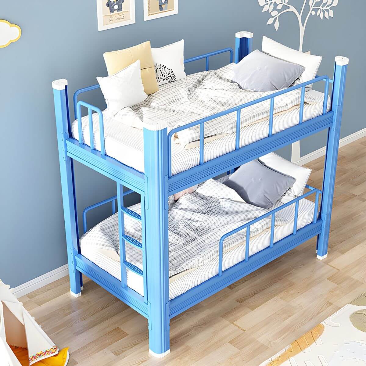 Modern Metal Pink Kids Bunk Bed with Ladder and Guardrails