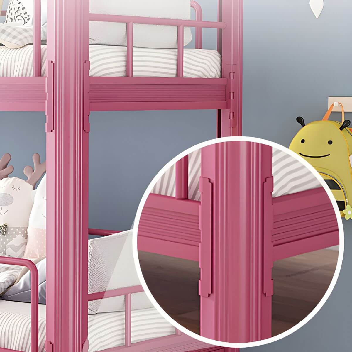 Modern Metal Pink Kids Bunk Bed with Ladder and Guardrails