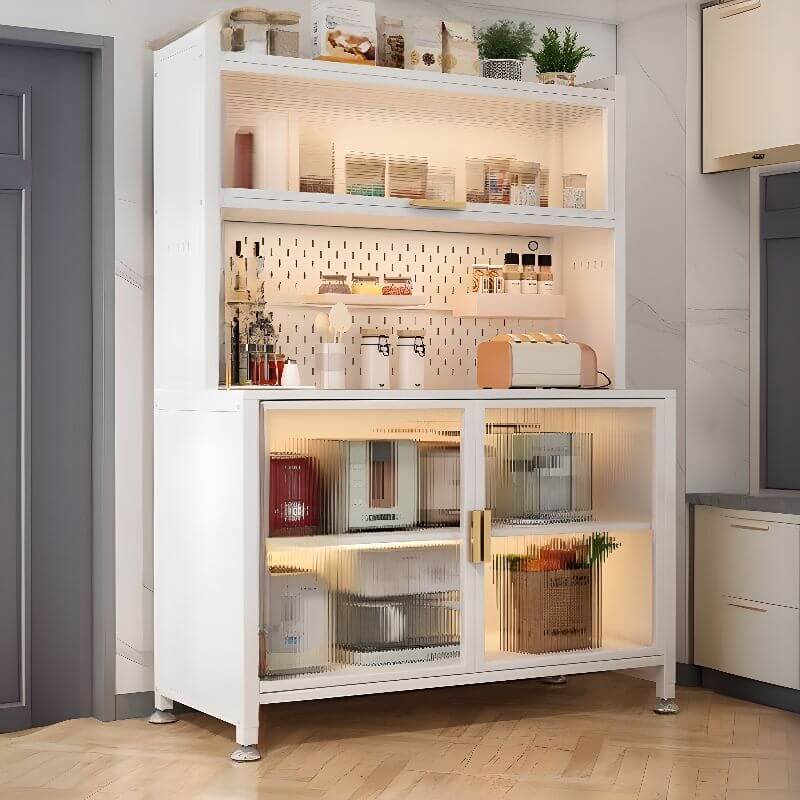 Modern Metal Sideboard with Open Shelving and Pegboard Storage