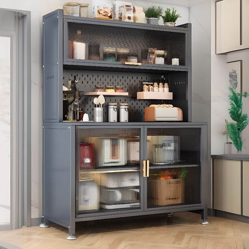 Modern Metal Sideboard with Open Shelving and Pegboard Storage