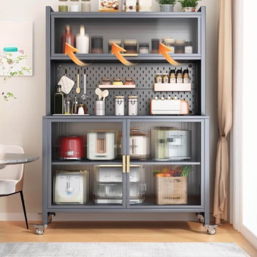 Modern Metal Sideboard with Open Shelving and Pegboard Storage Main Product Image