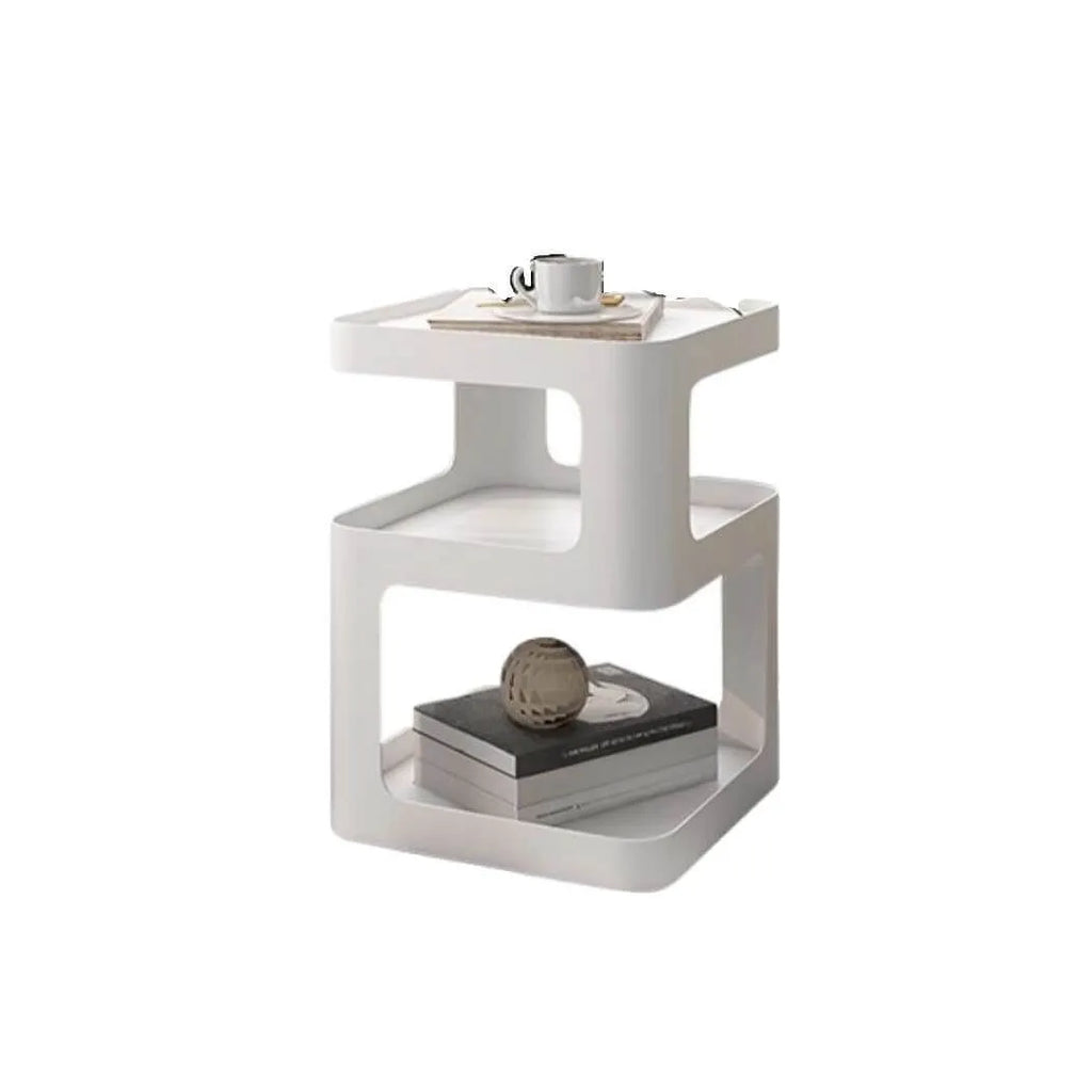 Modern Metal Square Chairside Table with Open Shelf & Abstract Base