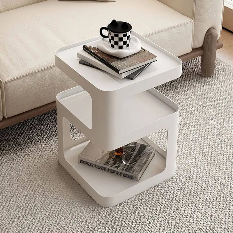 Modern Metal Square Chairside Table with Open Shelf & Abstract Base