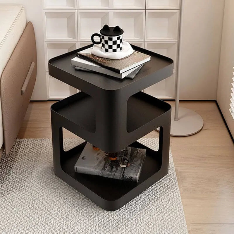 Modern Metal Square Chairside Table with Open Shelf & Abstract Base