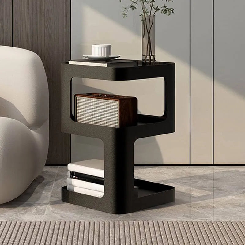 Modern Metal Square Chairside Table with Open Shelf & Abstract Base