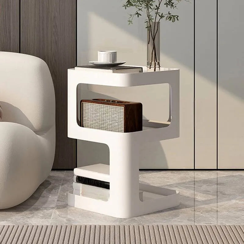 Modern Metal Square Chairside Table with Open Shelf & Abstract Base