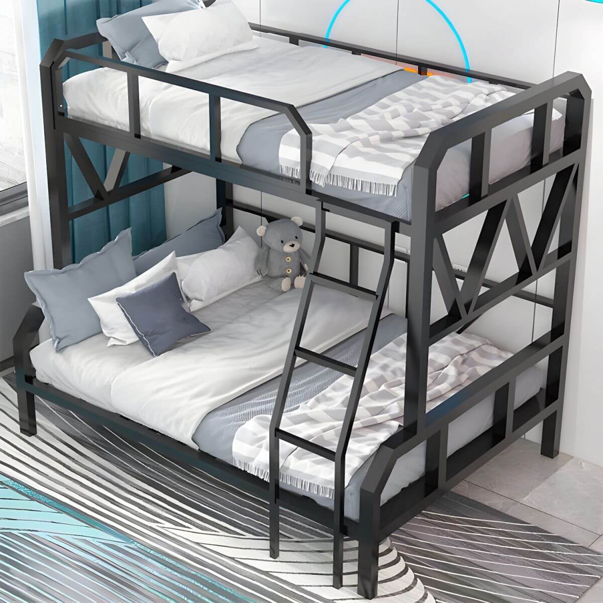 Modern Metal Twin over Twin Bunk Bed with Geometric Headboard and Built-In Ladder