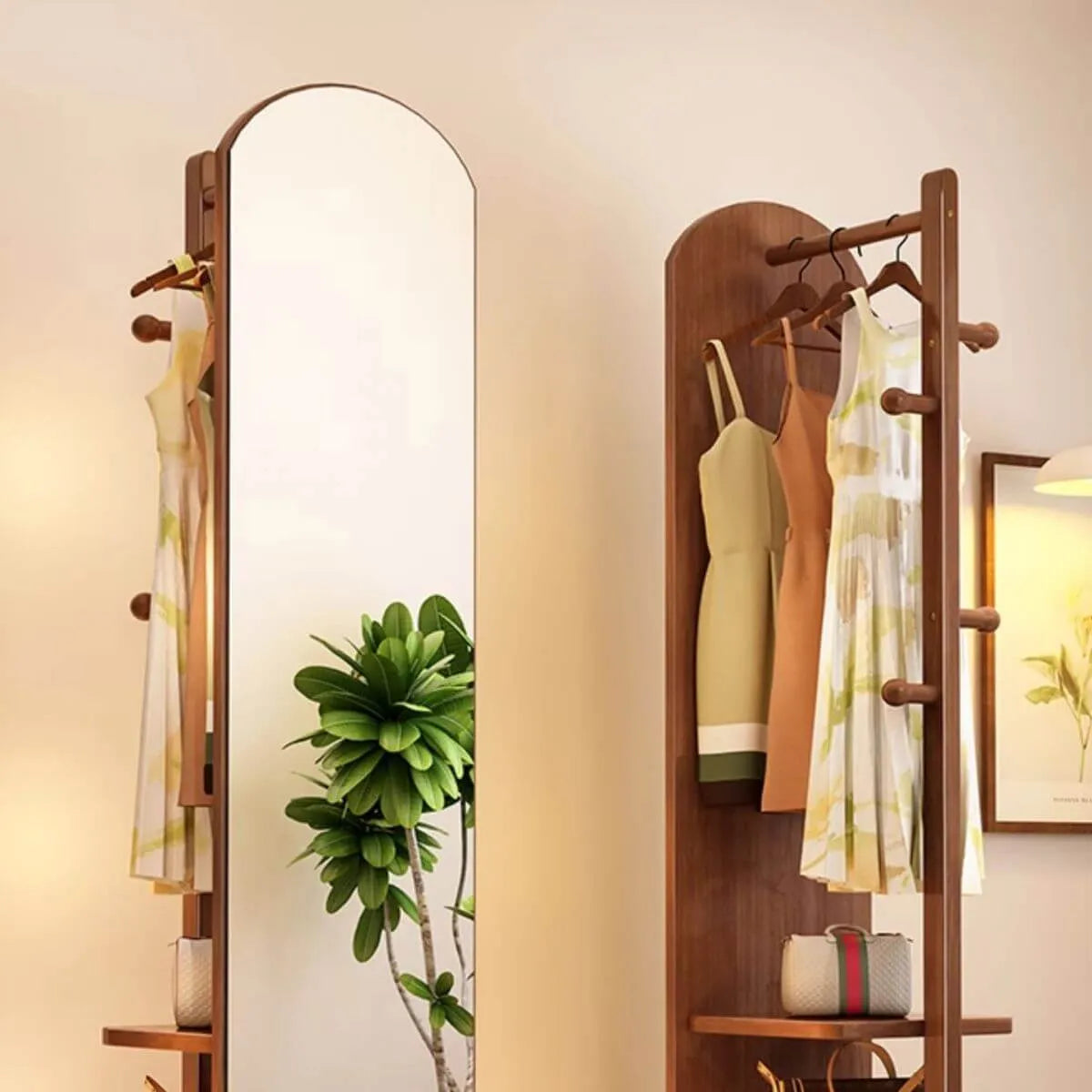 Modern Mirrored Hall Tree with Open Shelves & Rotating Hooks