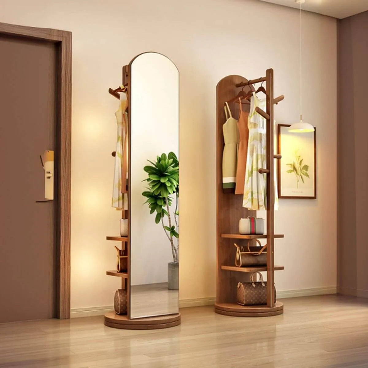 Modern Mirrored Hall Tree with Open Shelves & Rotating Hooks