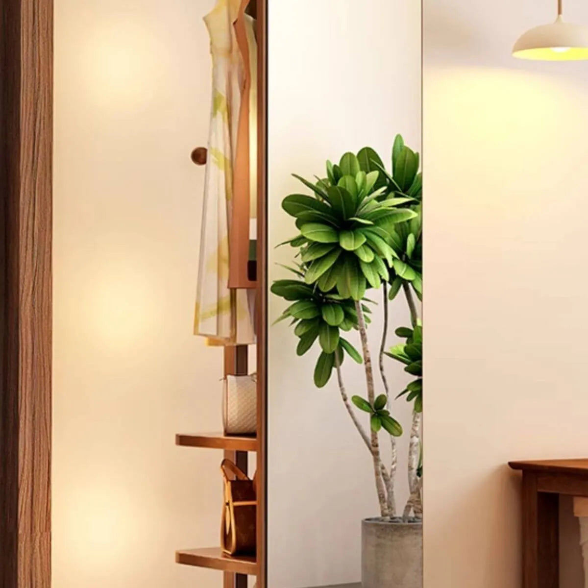 Modern Mirrored Hall Tree with Open Shelves & Rotating Hooks