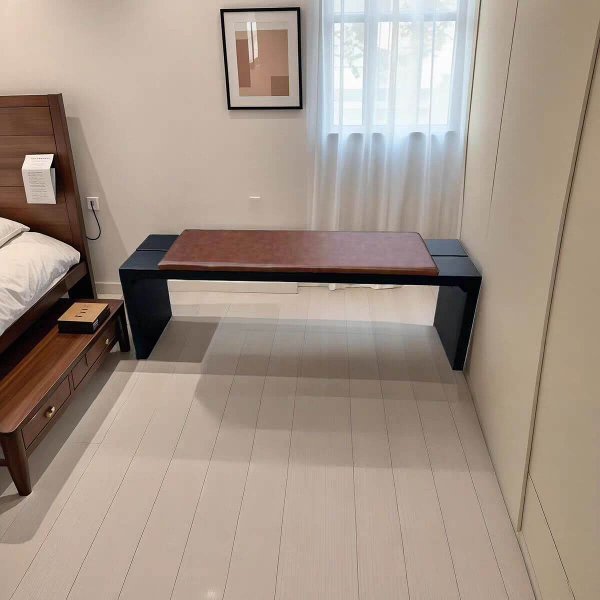 Modern Modular Upholstered Bench with Wood Legs and Leather Cushion