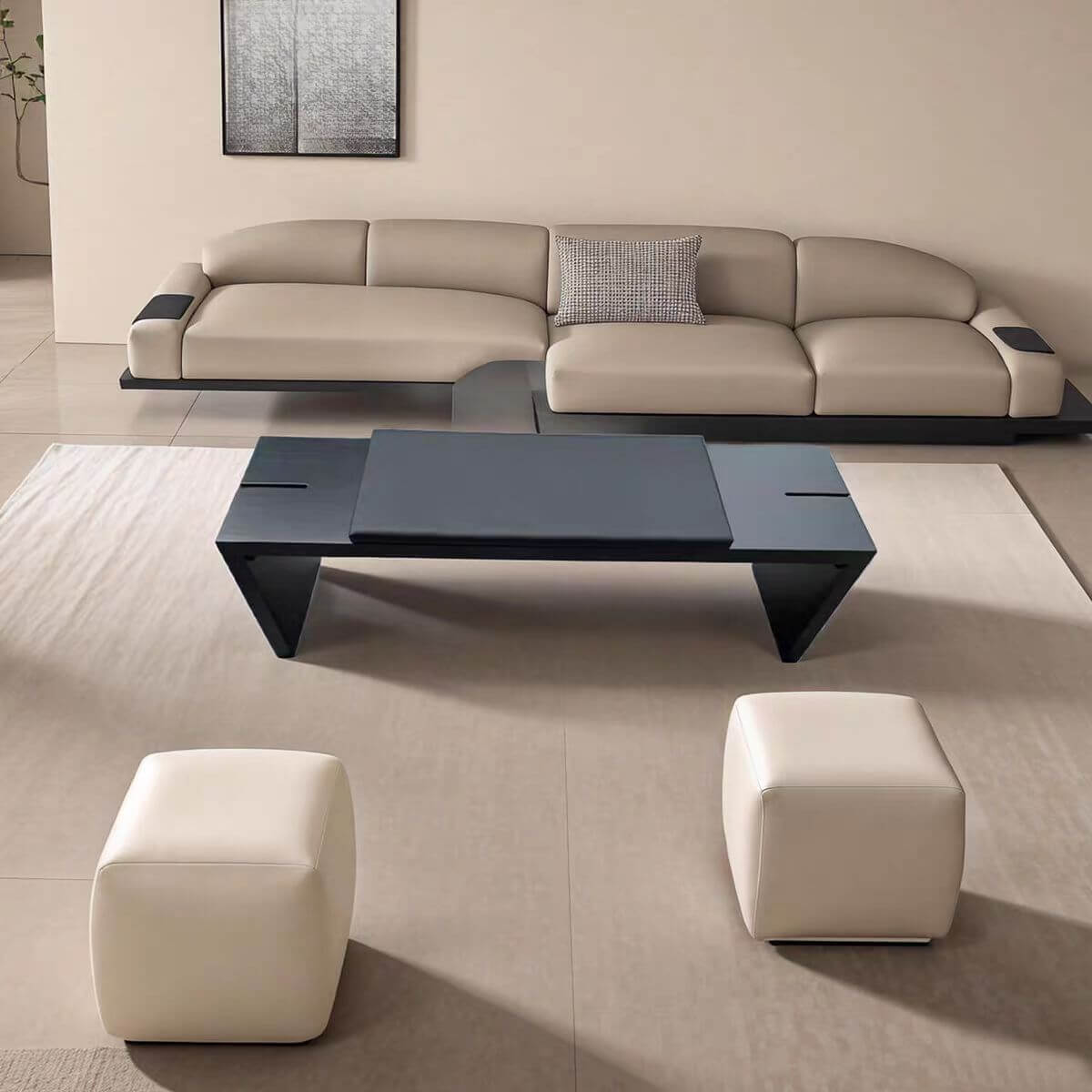 Modern Modular Upholstered Bench with Wood Legs and Leather Cushion Main Product Image Imagen principal del producto