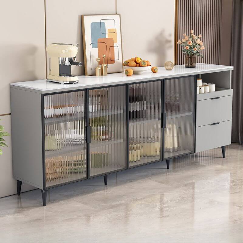 Modern Narrow Sideboard with Ribbed Glass Doors and Stone Top