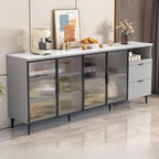 Modern Narrow Sideboard with Ribbed Glass Doors and Stone Top