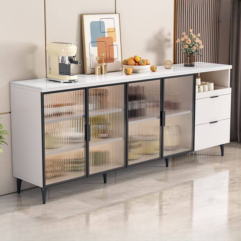 Modern Narrow Sideboard with Ribbed Glass Doors and Stone Top