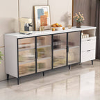 Modern Narrow Sideboard with Ribbed Glass Doors and Stone Top