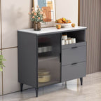 Modern Narrow Sideboard with Ribbed Glass Doors and Stone Top