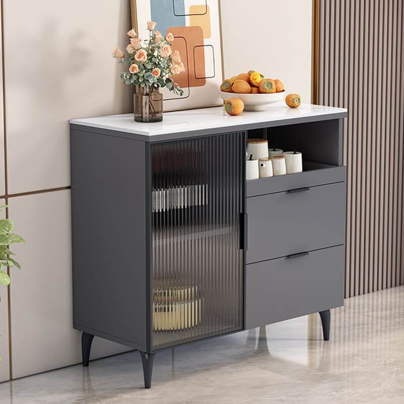 Modern Narrow Sideboard with Ribbed Glass Doors and Stone Top