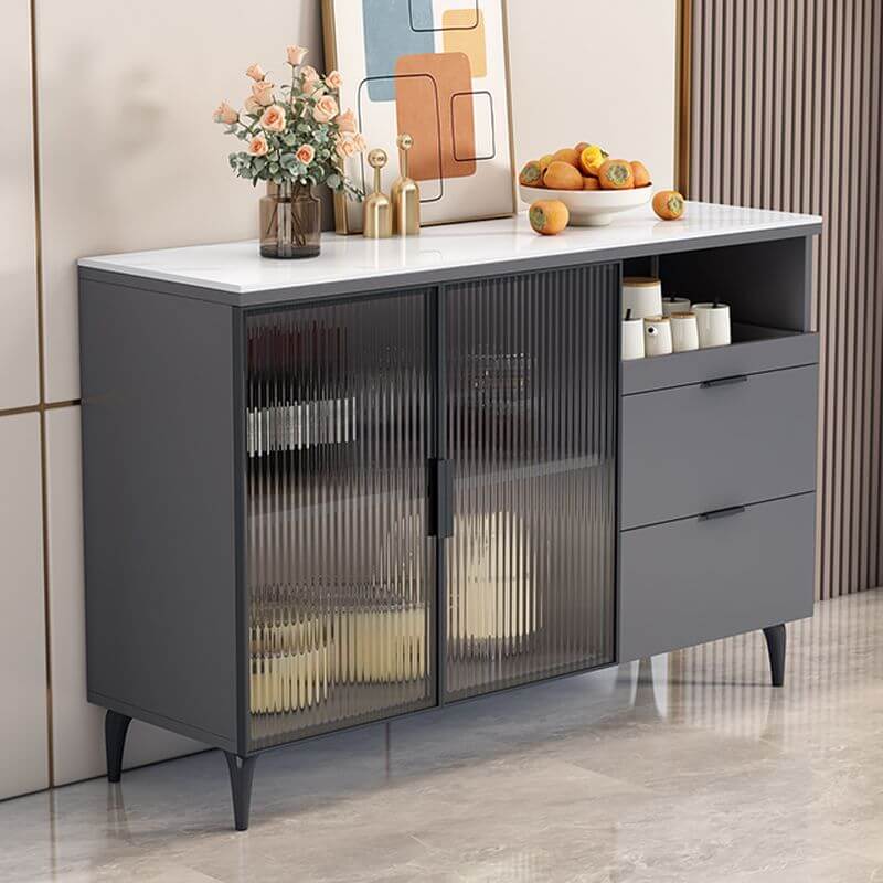 Modern Narrow Sideboard with Ribbed Glass Doors and Stone Top