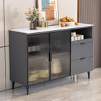 Modern Narrow Sideboard with Ribbed Glass Doors and Stone Top