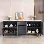 Modern Narrow Sideboard with Ribbed Glass Doors and Stone Top