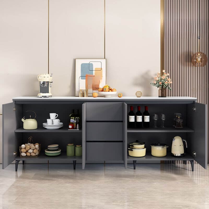 Modern Narrow Sideboard with Ribbed Glass Doors and Stone Top