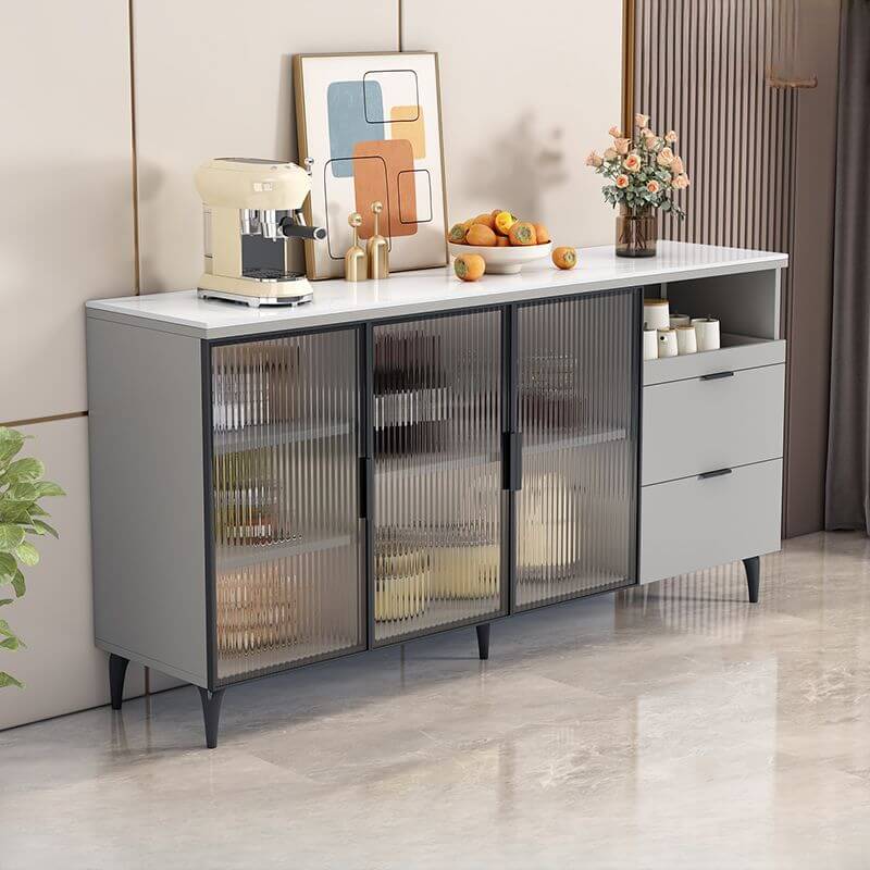 Modern Narrow Sideboard with Ribbed Glass Doors and Stone Top