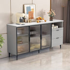 Modern Narrow Sideboard with Ribbed Glass Doors and Stone Top