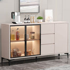 Modern Narrow Sideboard with Ribbed Glass Doors and Stone Top