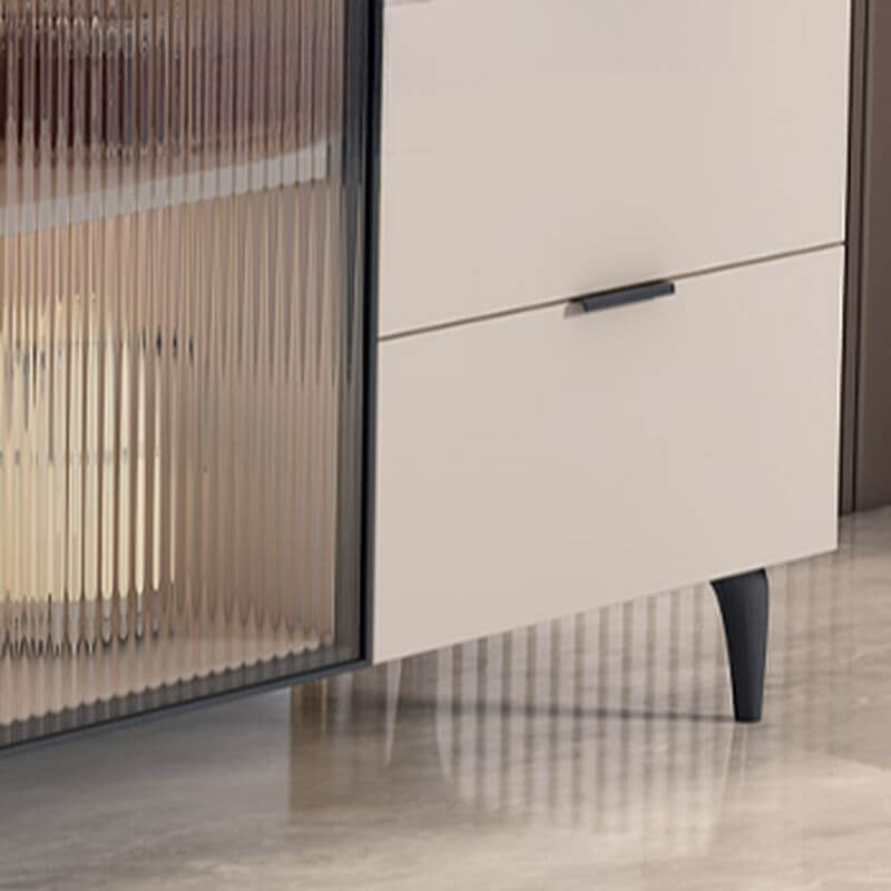 Modern Narrow Sideboard with Ribbed Glass Doors and Stone Top