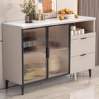 Modern Narrow Sideboard with Ribbed Glass Doors and Stone Top