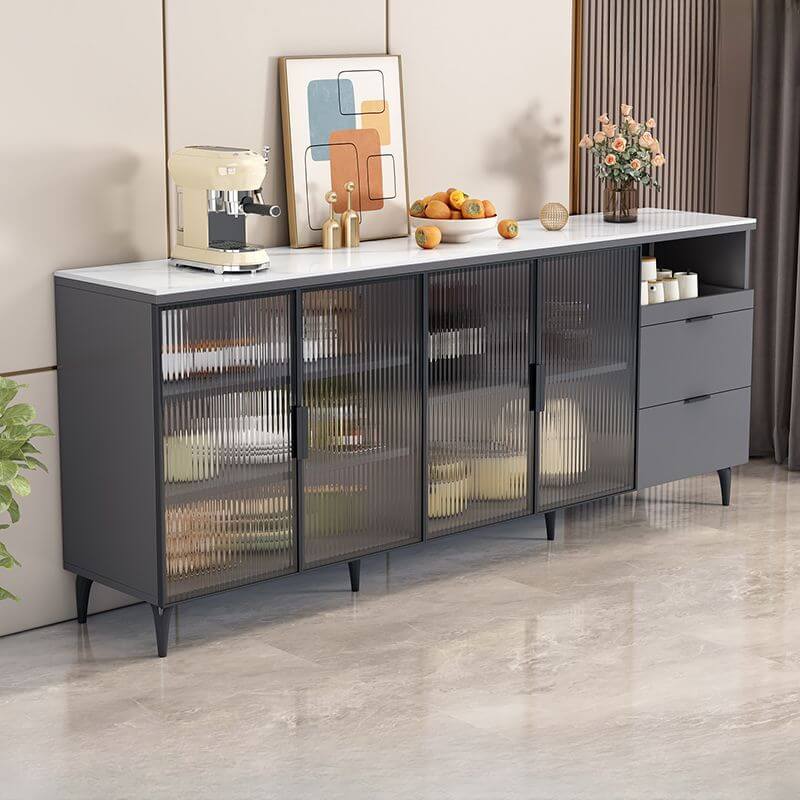 Modern Narrow Sideboard with Ribbed Glass Doors and Stone Top