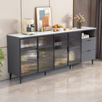 Modern Narrow Sideboard with Ribbed Glass Doors and Stone Top