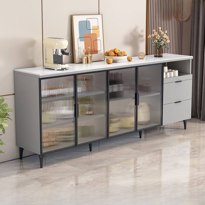 Modern Narrow Sideboard with Ribbed Glass Doors and Stone Top
