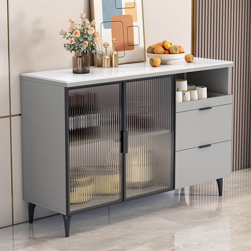 Modern Narrow Sideboard with Ribbed Glass Doors and Stone Top