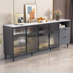 Modern Narrow Sideboard with Ribbed Glass Doors and Stone Top