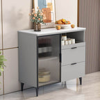 Modern Narrow Sideboard with Ribbed Glass Doors and Stone Top