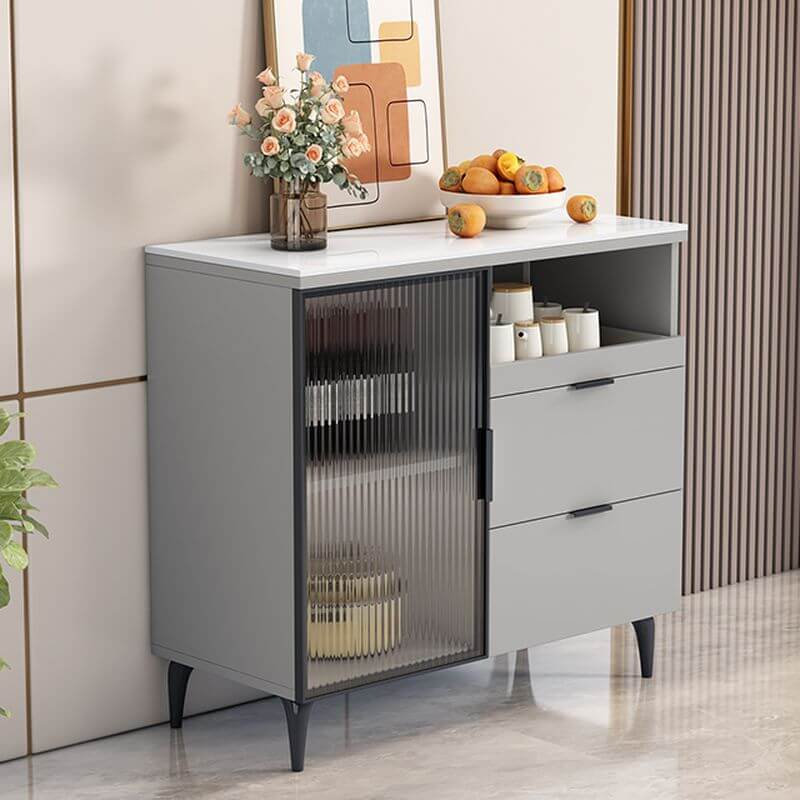 Modern Narrow Sideboard with Ribbed Glass Doors and Stone Top