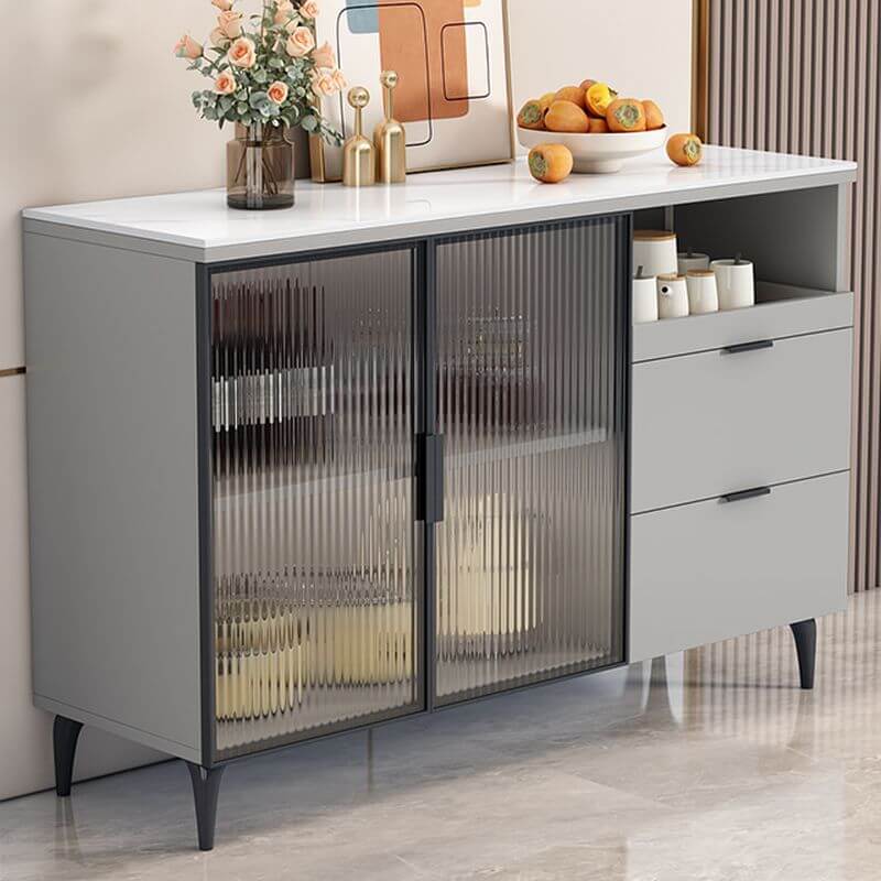 Modern Narrow Sideboard with Ribbed Glass Doors and Stone Top