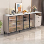 Modern Narrow Sideboard with Ribbed Glass Doors and Stone Top