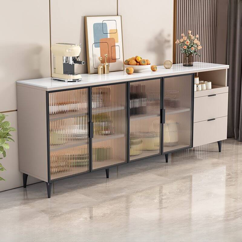 Modern Narrow Sideboard with Ribbed Glass Doors and Stone Top