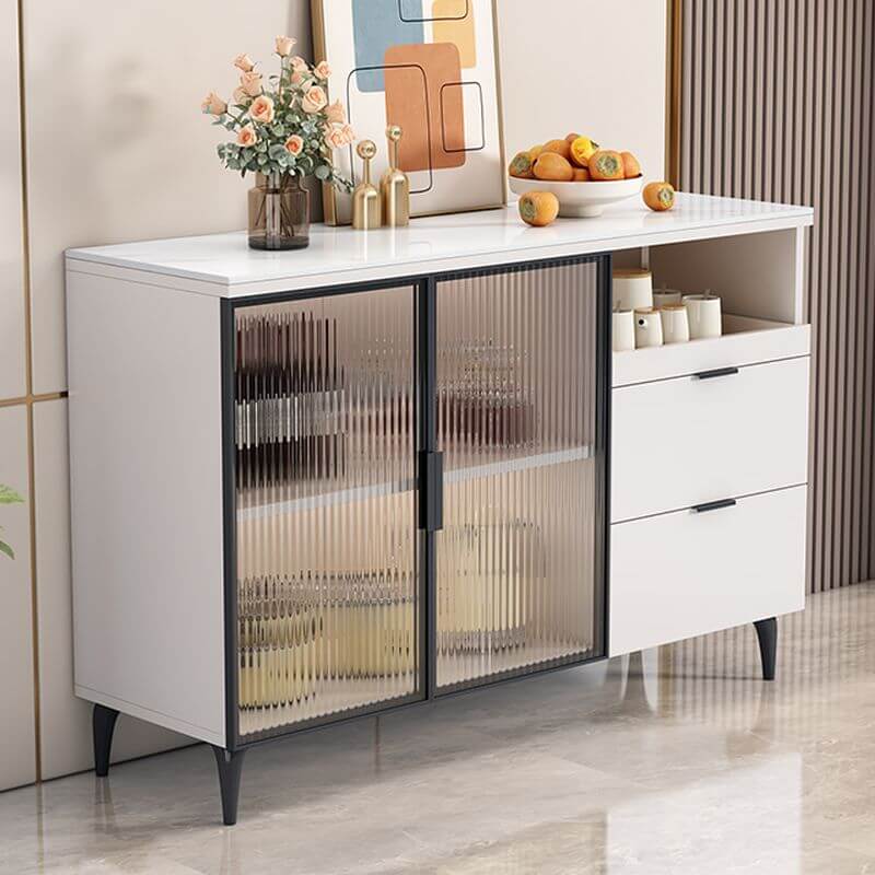Modern Narrow Sideboard with Ribbed Glass Doors and Stone Top
