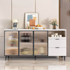 Modern Narrow Sideboard with Ribbed Glass Doors and Stone Top