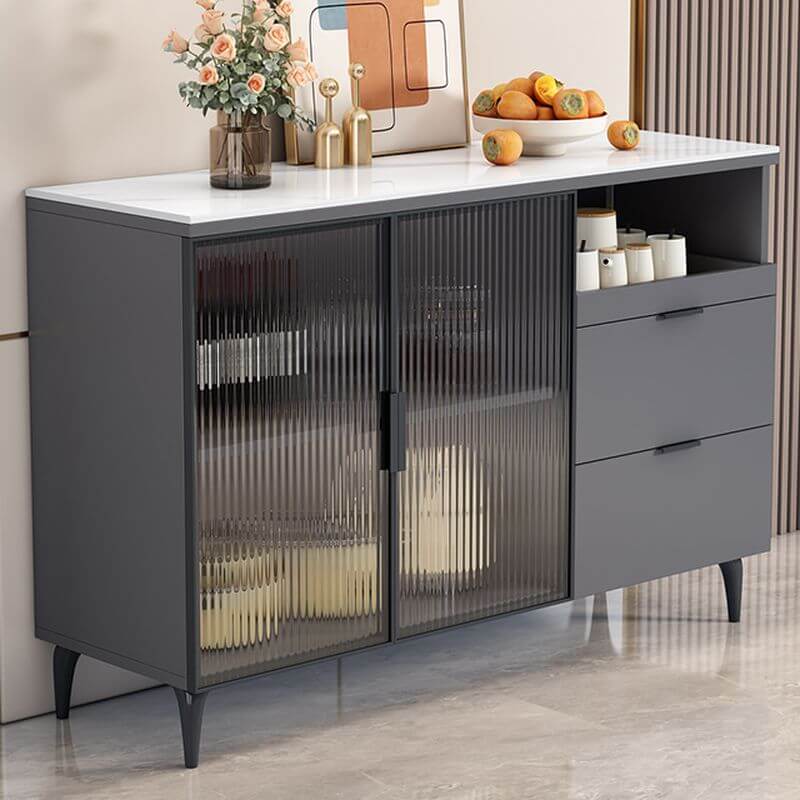Modern Narrow Sideboard with Ribbed Glass Doors and Stone Top