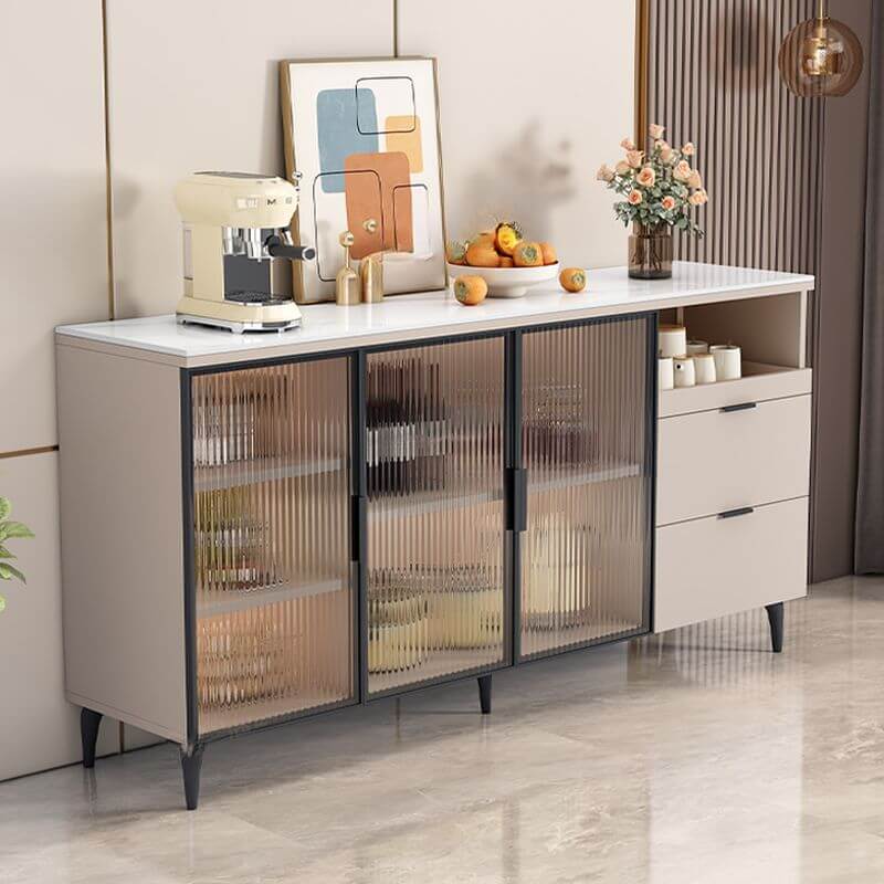 Modern Narrow Sideboard with Ribbed Glass Doors and Stone Top Secondary image
