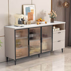 Modern Narrow Sideboard with Ribbed Glass Doors and Stone Top