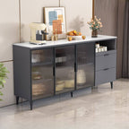 Modern Narrow Sideboard with Ribbed Glass Doors and Stone Top