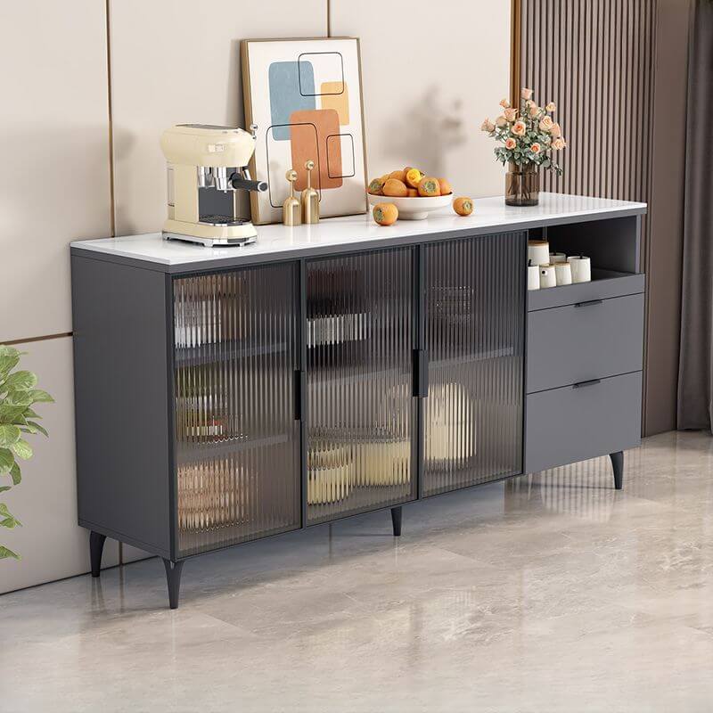 Modern Narrow Sideboard with Ribbed Glass Doors and Stone Top