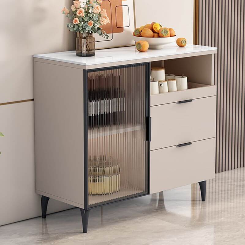 Modern Narrow Sideboard with Ribbed Glass Doors and Stone Top